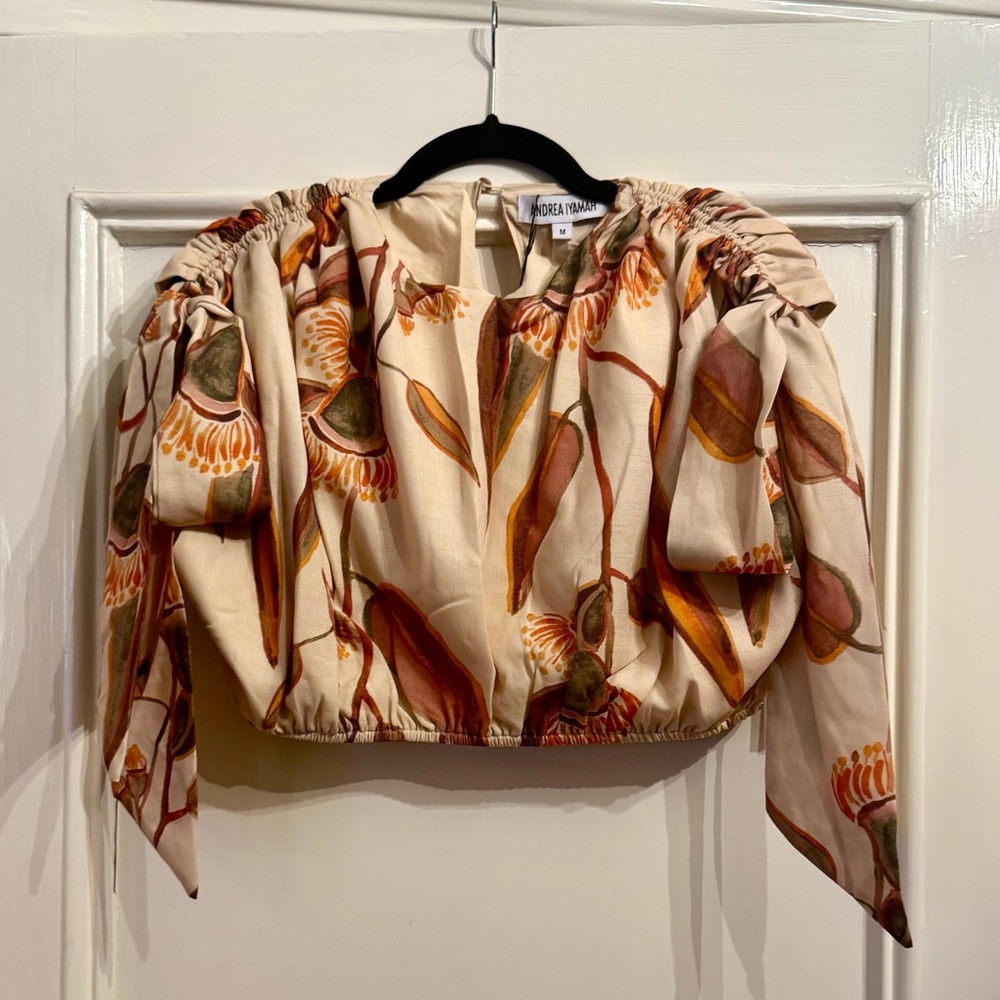 Andrea Iyamah Floral Puff Sleeve Top - Cream and Brown Medium